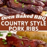bbq country style pork ribs baked in the oven to fall apart tender with text