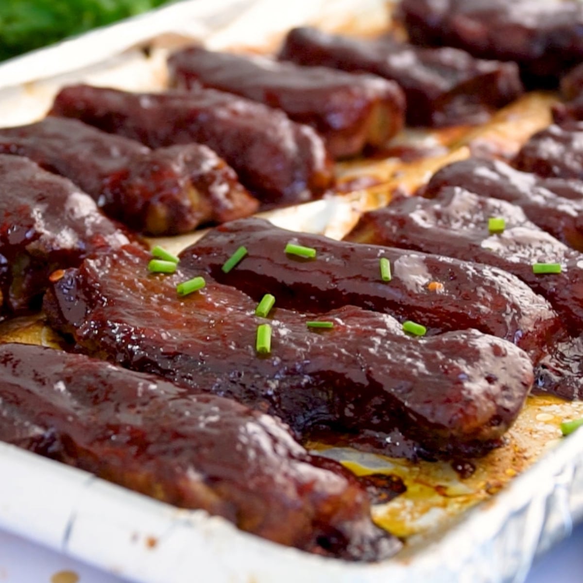 finished baked Country Style pork ribs slathered in sticky bbq sauce