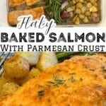 sheet pan with baked parmesan crusted salmon filets, baby potatoes and green beans