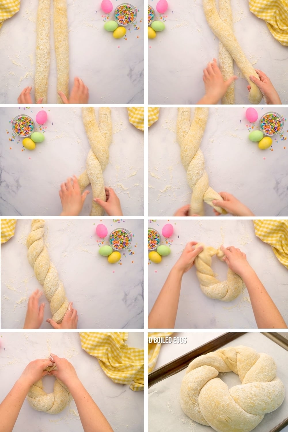 how to braid or twist sourdough easter bread wreath loaf in 8 steps with 2 strands of dough