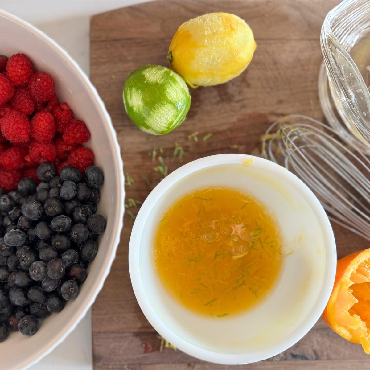 zested lime and lemon with squeezed orange juice and honey citrus dressing