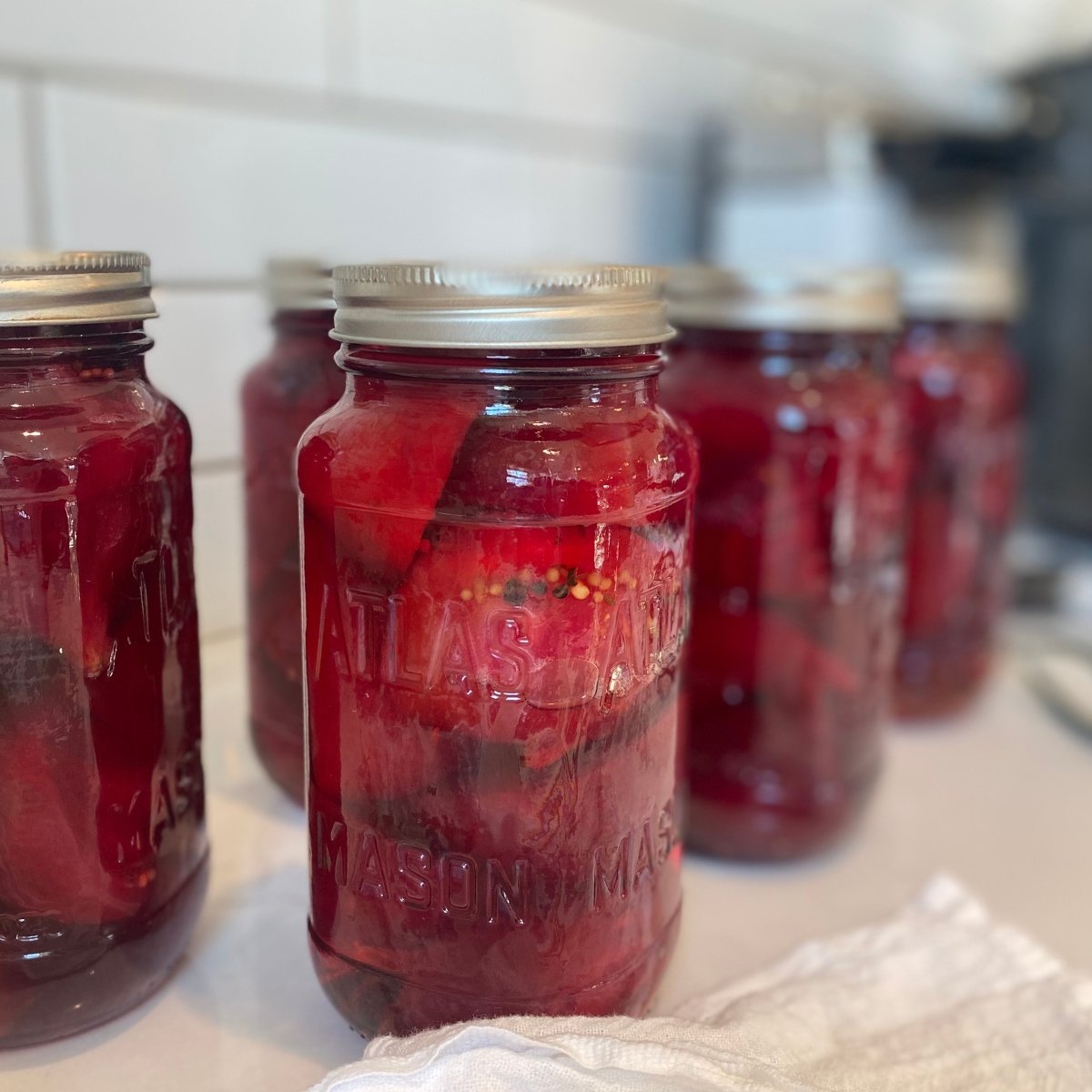 Pickled Beets in atlas mason jars on counter