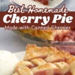 thick cherry pie filling in a flaky crust with lattice top and text
