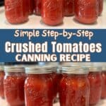 A close-up shot of vibrant red, home-canned crushed tomatoes filled in glass mason jars resting on a rustic kitchen counter. The golden metal bands are securely fitted, and the rich, textured crushed tomato base looks fresh and ready for homemade pasta sauce or tomato soup.