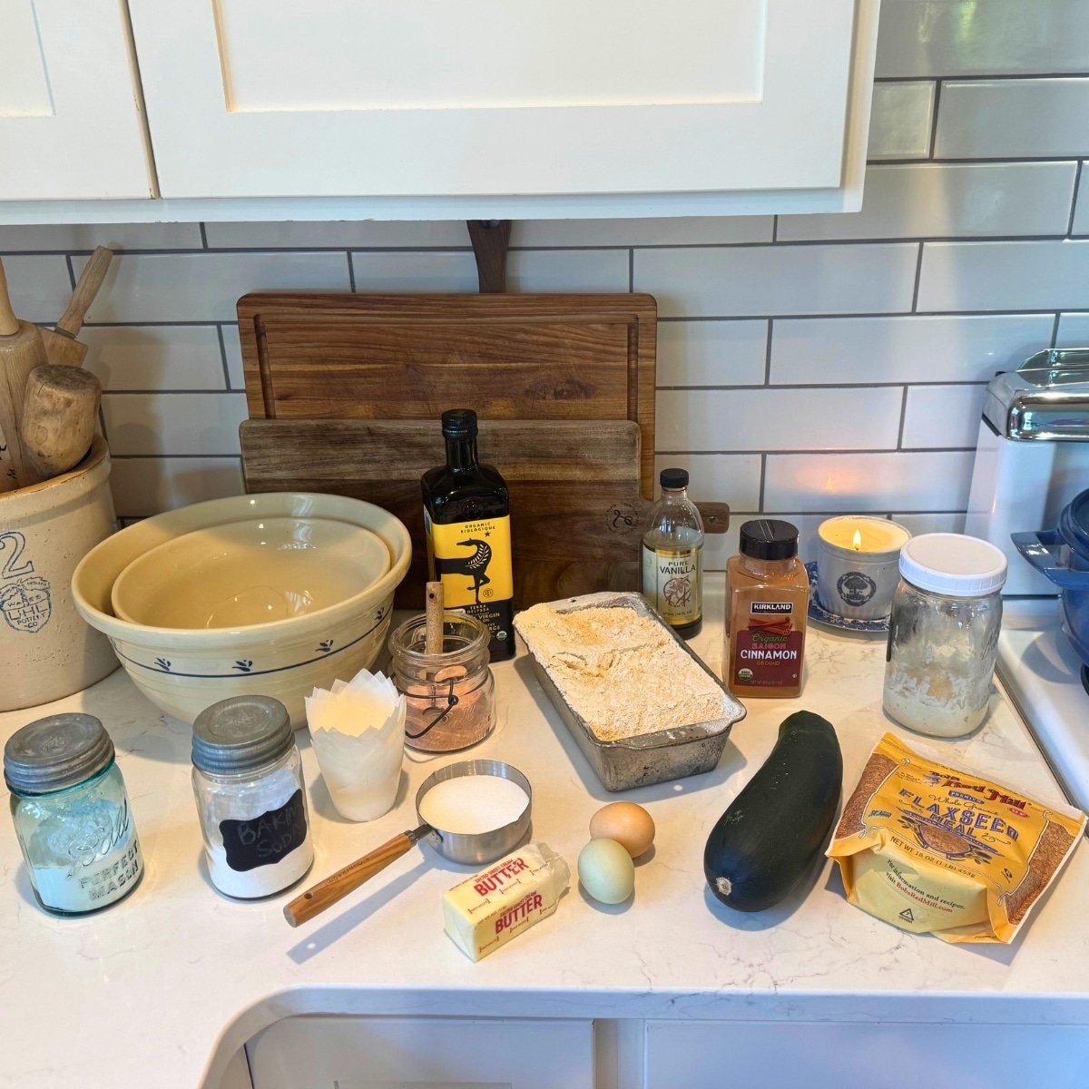 the ingredients for sourdough zucchini muffins with crumble topping