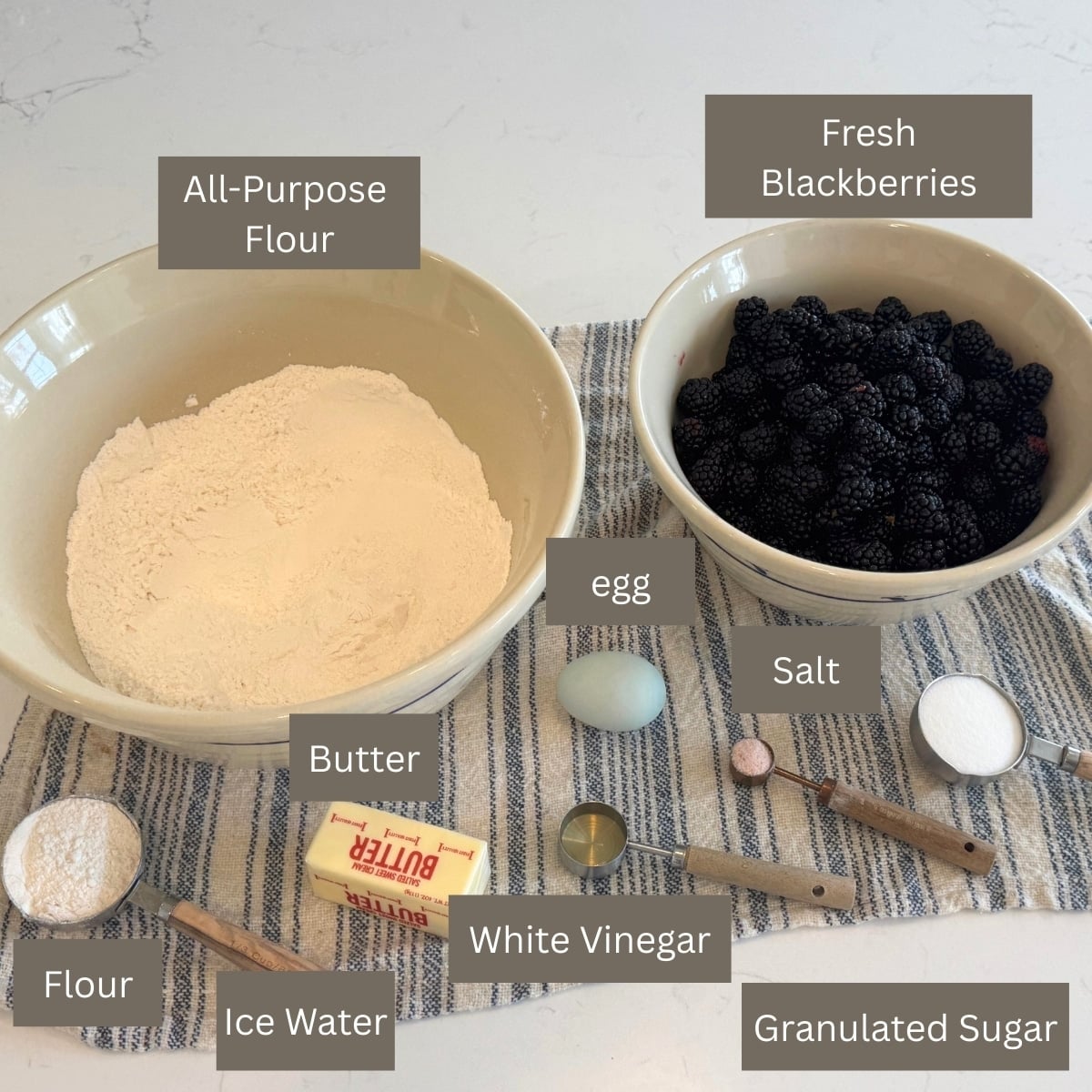 all purpose flour, fresh blackberries, butter, more flour, sugar, egg, vinegar, salt