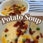 crockpot potato soup served in bowls with bacon , cheese and green onion on top, with text