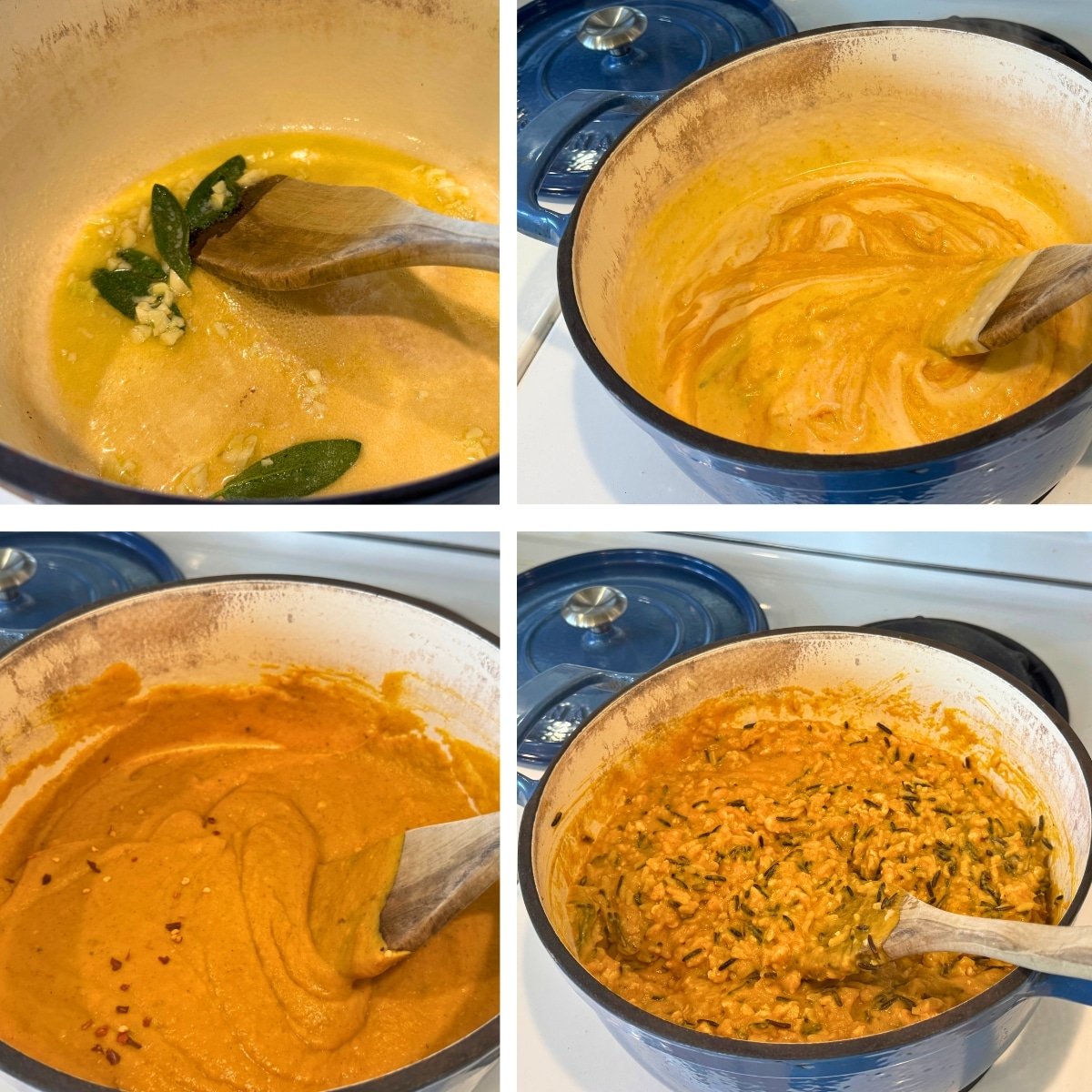 making the filling: satue garlic, sage and onion in butter, add cream and pumpkin then add rice and turkey