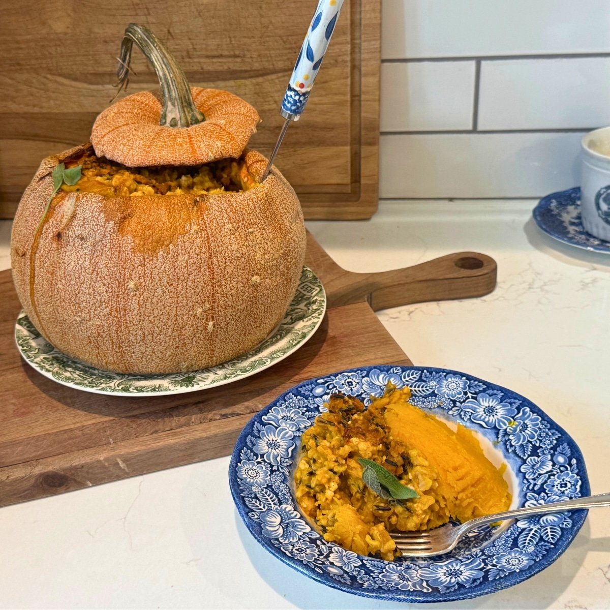 served turkey and wild rice stuffed pumpkin