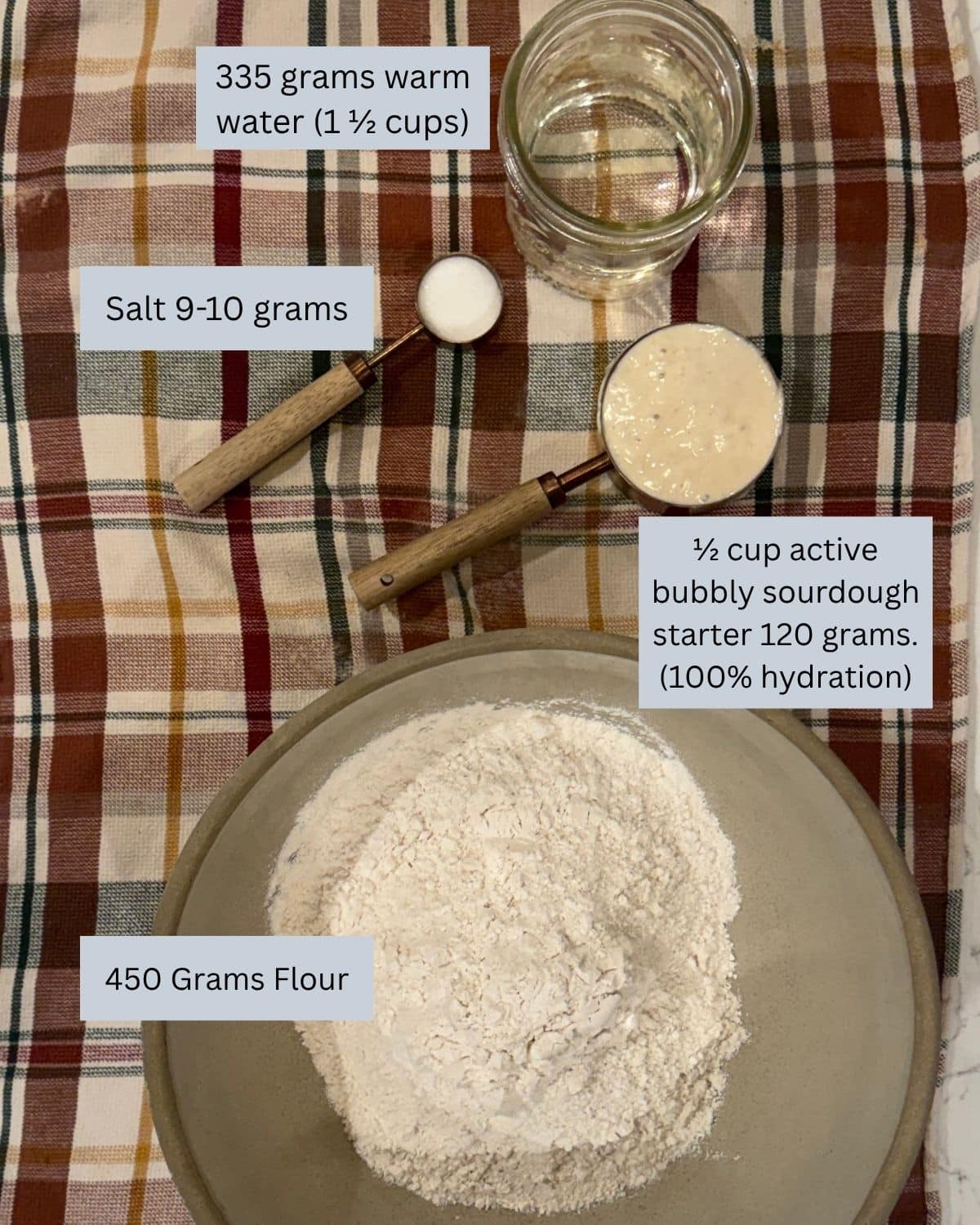 simple sourdough bread recipe ingredinets on towel: warm water, salt, sourdough starter, bread