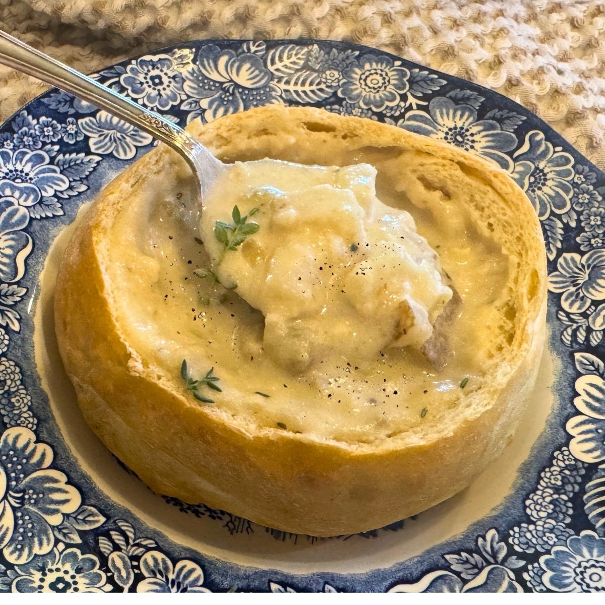 crockpot clam chowder - new England served in a sourdough bread bowl