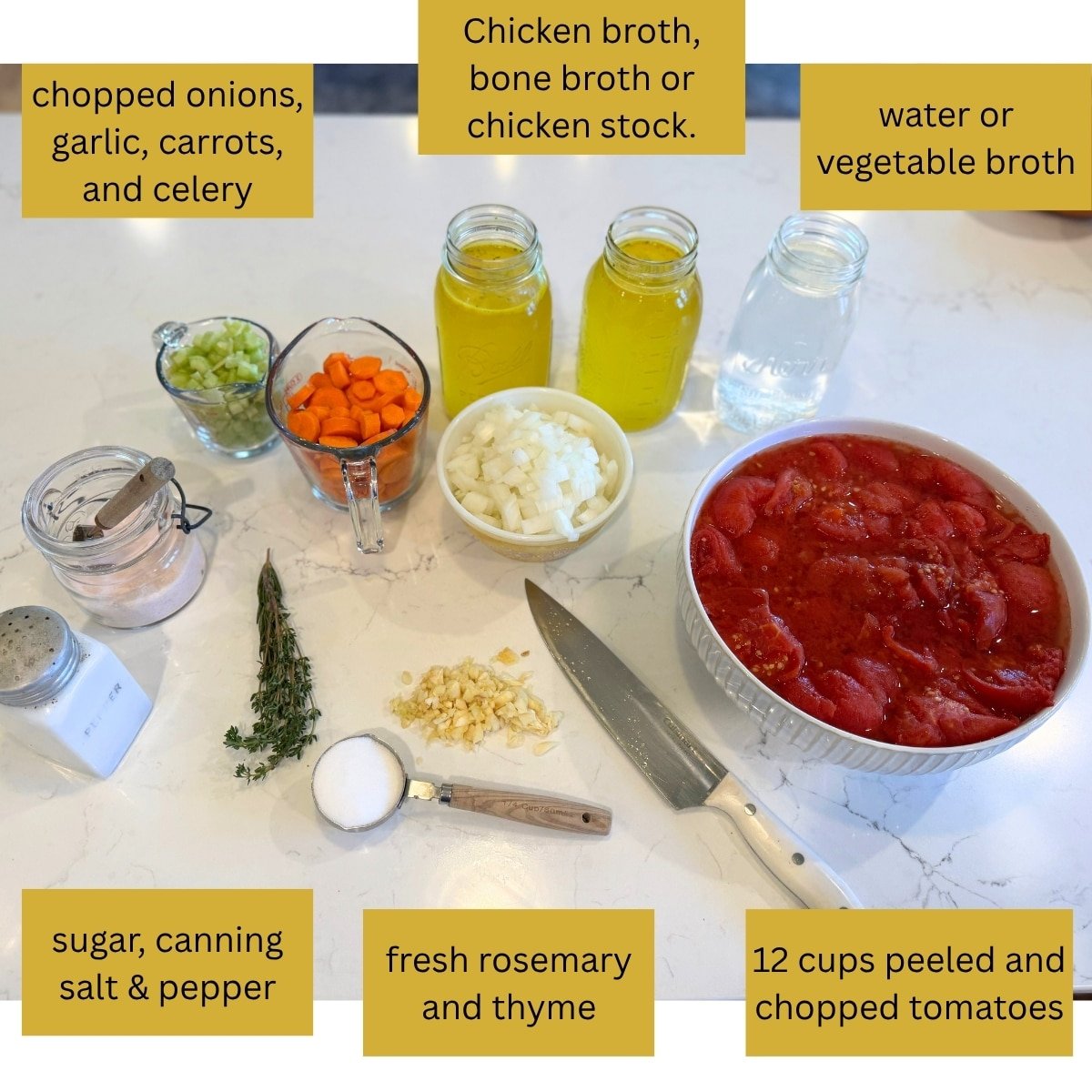 ingredients: tomatoes, broth, water, carrots, celery, onion, garlic, sugar, thyme, salt and pepper, rosemary