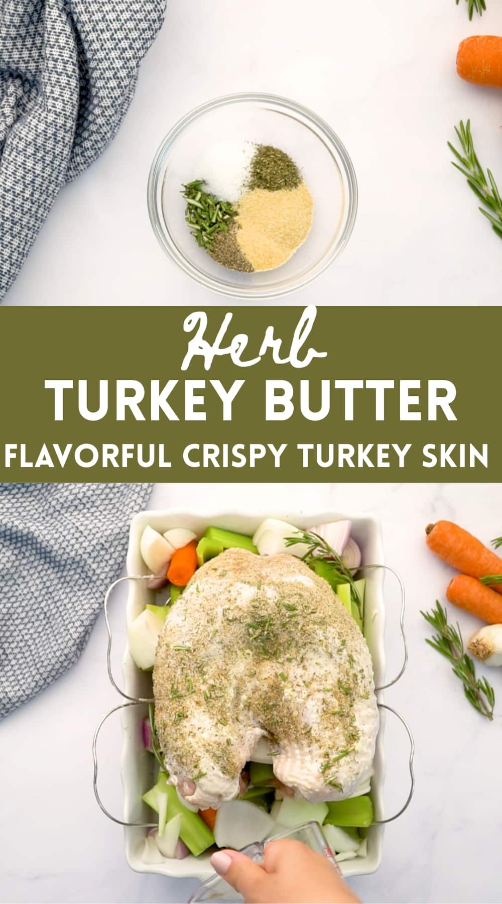 herbs in a bowl and herb turkey butter on turkey breast with text