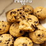 a plate full of sourdough chocolate chip banana muffins with one broke open to show moist crumb. with text