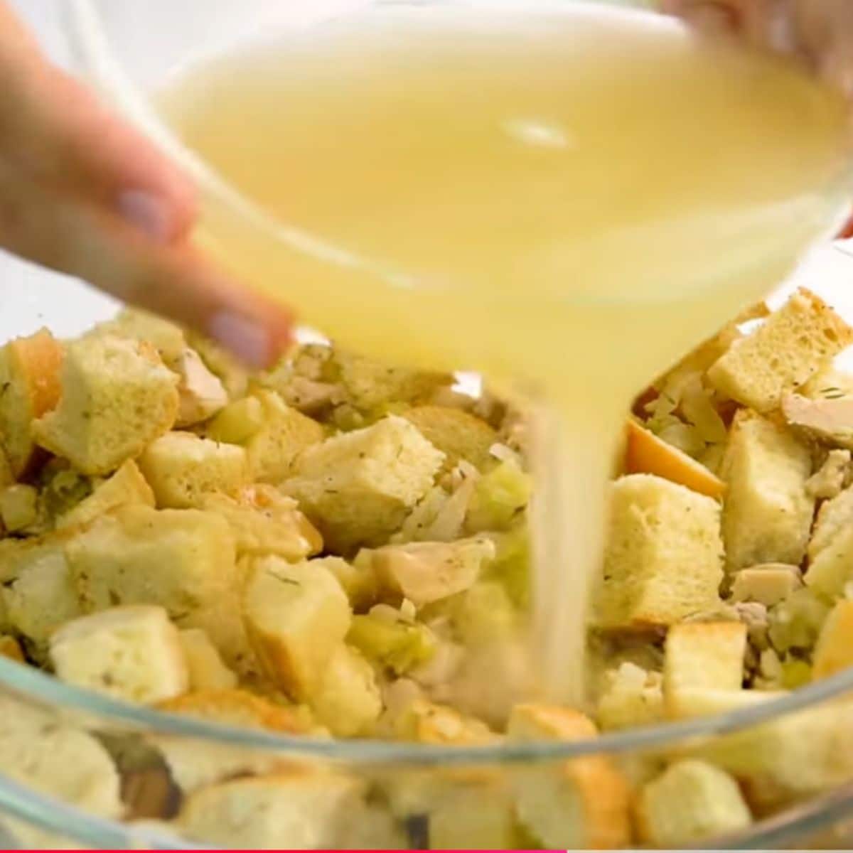 adding broth to bread crumbs, sauteed veggies and meat