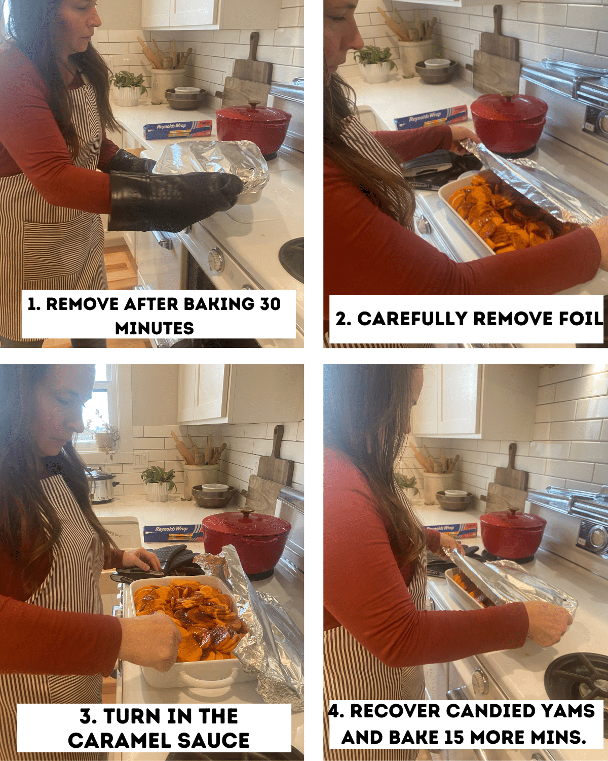 baking candied yams, covering with foil, turnning in sauce
