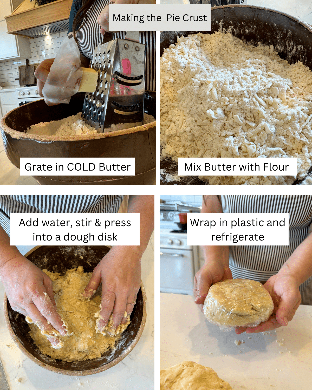 making pie crust for pumpkin pie: grating in butter, up close of four butter mixture, added water and pressing dough into a dish, wrappeddish of pie dough