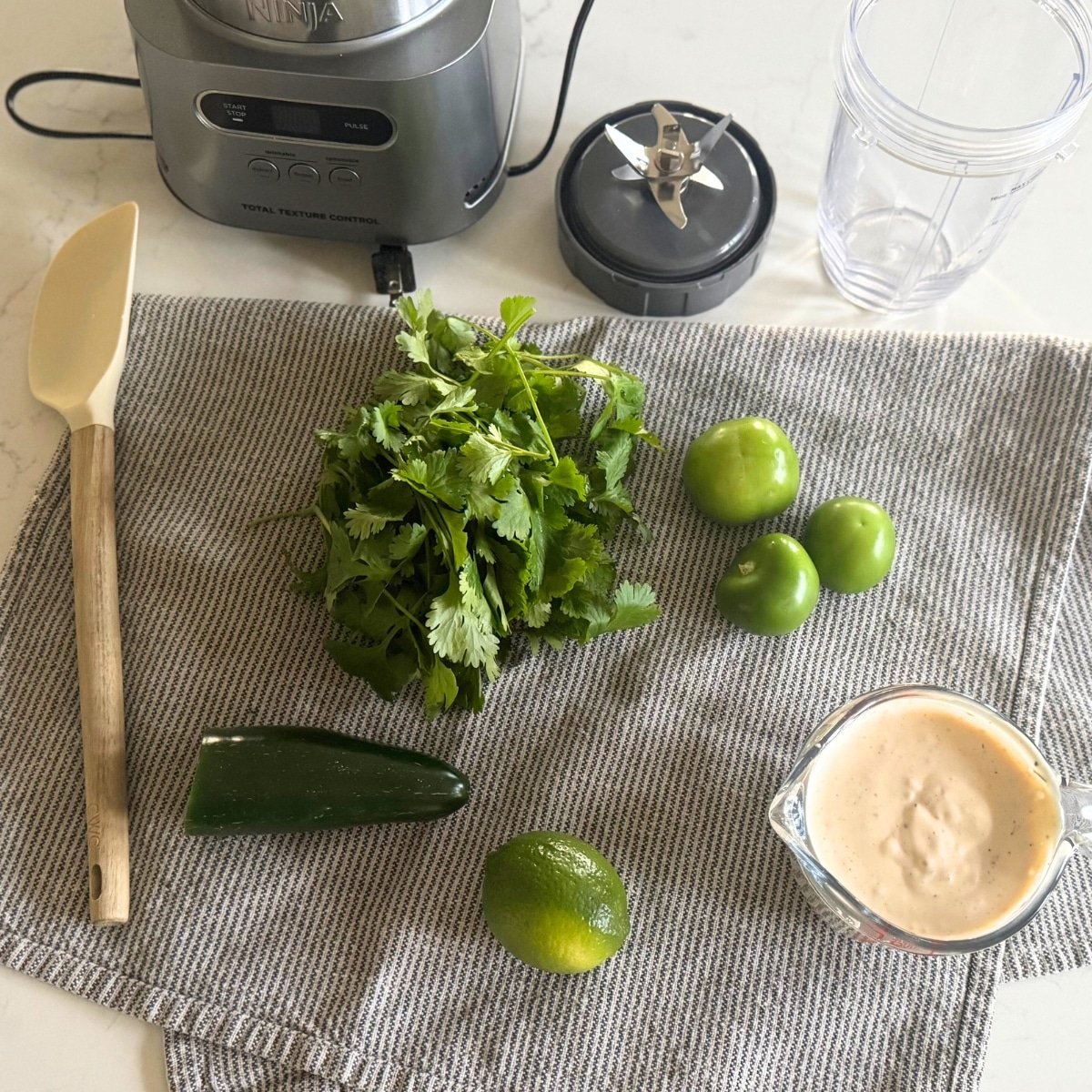 blender, spuntula, cilantro, lime, jalapeno, tomatillo's, creamy ranch dressing