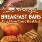 making sourdough breakfast bars with text and sliced bars on towel up close