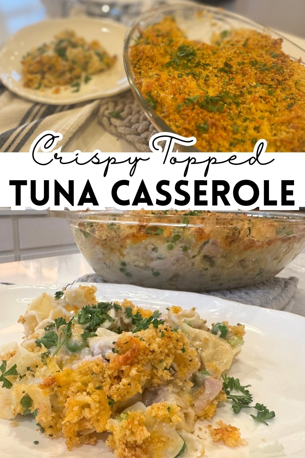 crispy topped tuna casserole in a  baking dish filled with creamy tuna noodle casserole, showing a golden-brown panko breadcrumb and melted cheese topping with green peas peeking through.