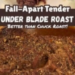 succulent under blade roast beef served with mashed potatoes and gravy and up close of the tender pot roast with text