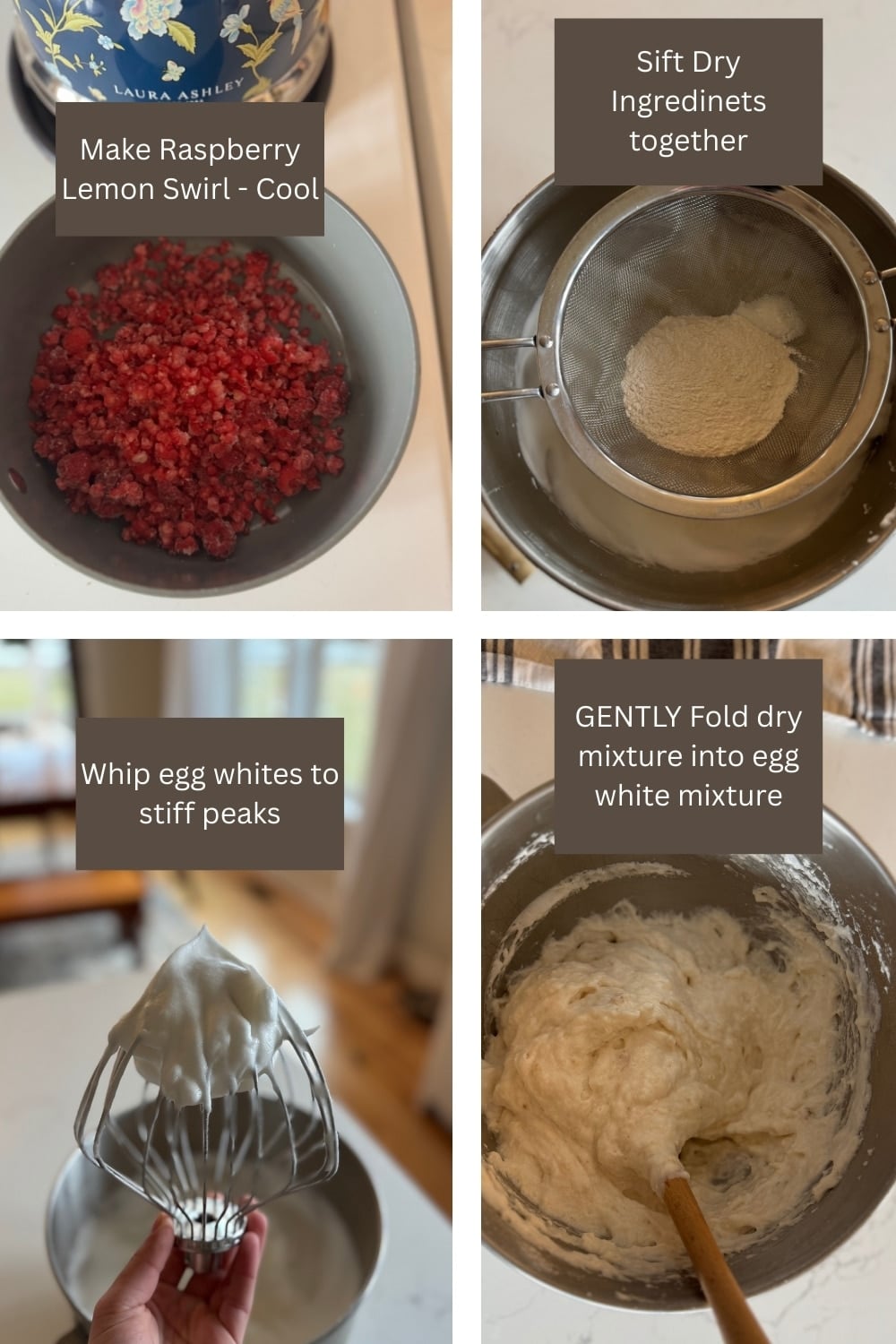 process shots - make raspberry swirl and cool, sift dry ingreidntets, whip egg whites, fold dry mix into egg stiff whites