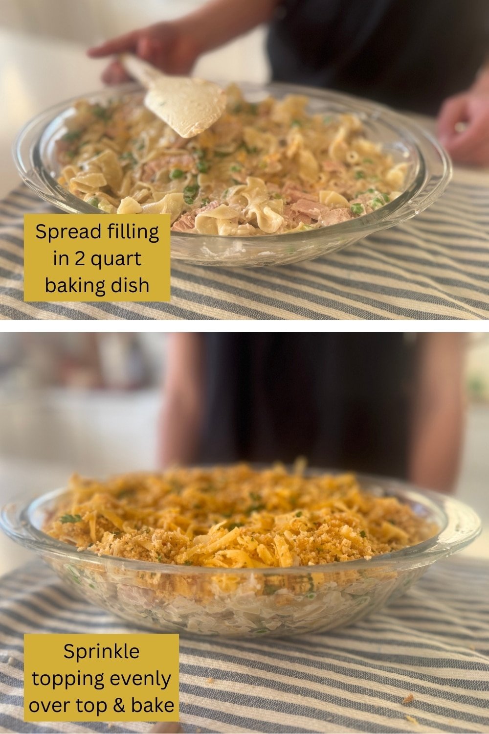 spreading tuna casserole into baking pan and sprinkled topping on top before baking