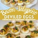 Bacon Jalapeno Deviled Eggs garnished with bacon and jalapeno and smoked paprika on a platter up close and further away with text