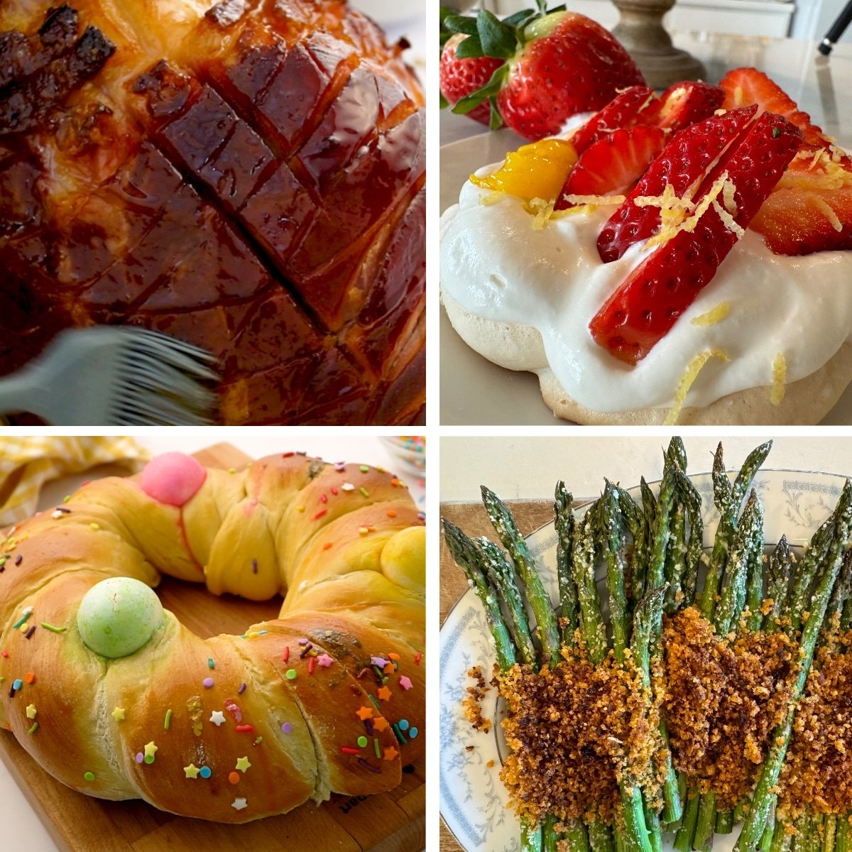 easter ham, pavlova, asparagus roasted on platter, a loaf of sourdough easter bread on cutting board