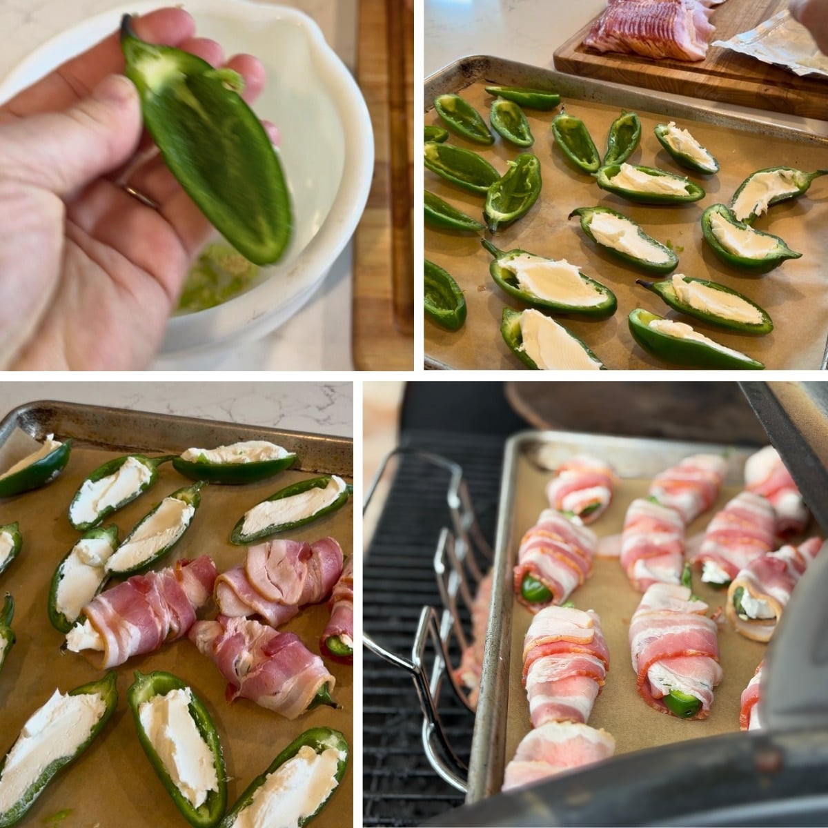 4 pictures showing process: a jalapeno half with seeds and membrain removed, cream cheese filling jalapeno halves, some stuffed jalapenos wrapped in bacon, and a parchment lined baking sheet with bacon wrapped stuffed jalapenos on the top rack in the grill