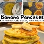 A step-by-step process collage for 3-ingredient banana pancakes. The images show mashing ripe bananas, whisking in farm eggs, and adding fresh-ground flour, followed by a final image of a tall stack of golden-brown pancakes. Text overlay reads 'Easy Banana Pancakes.' A wholesome, no-sugar-added farmhouse breakfast recipe.