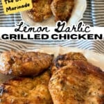 plate of lemon garlic grilled chicken breast with text and up loce to show glazed grilled chicken finish and seasonings