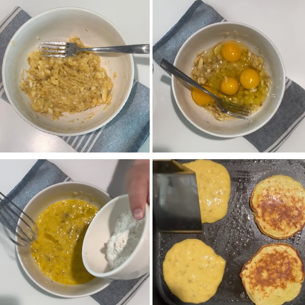 making 3 ingredient banan bpancakes mashing bananas, ading eggs andding flour and cooking on skillet