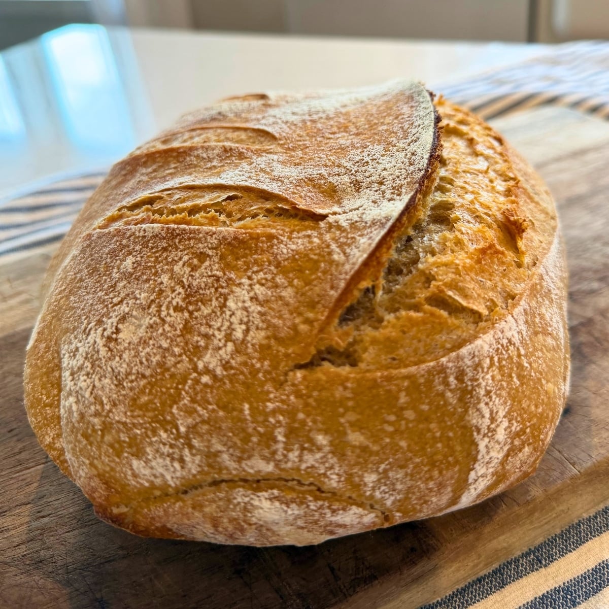 side view whole wheat sourdough bread loaf cooling on cutting board