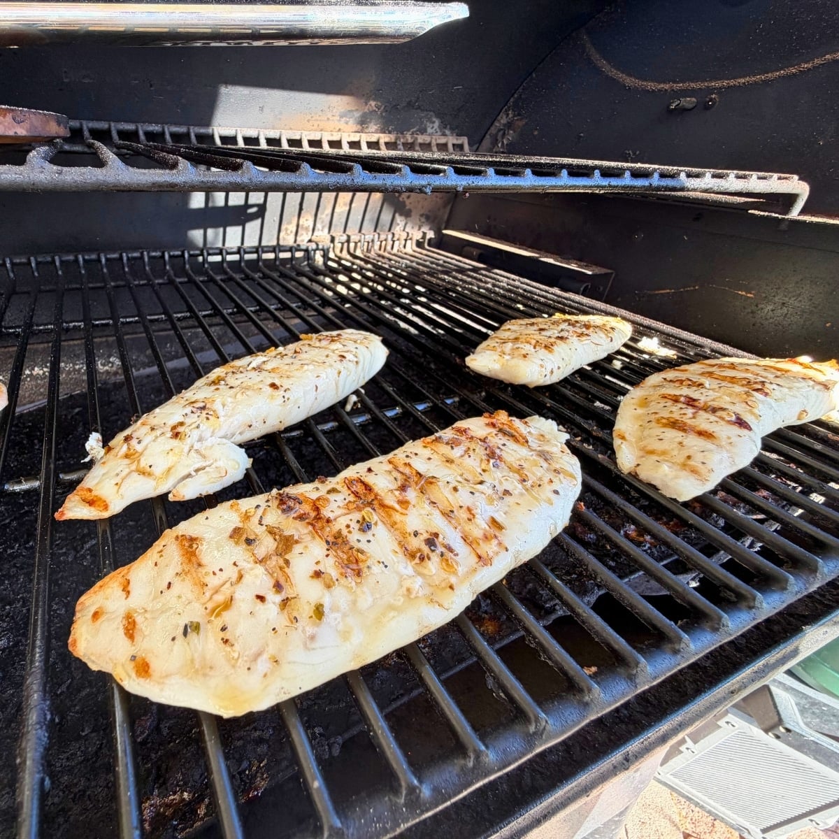 honey lime grilled tilapia on grill grates showing perfect grill marks and seasoning
