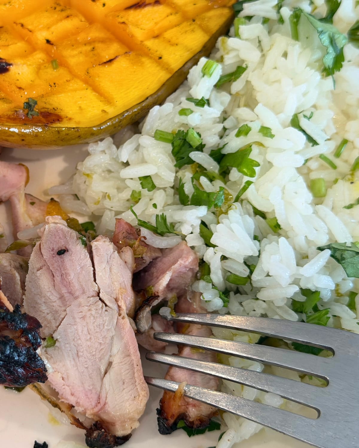 cilantro lime rice with grilled chicken thighs and grilled mango slice