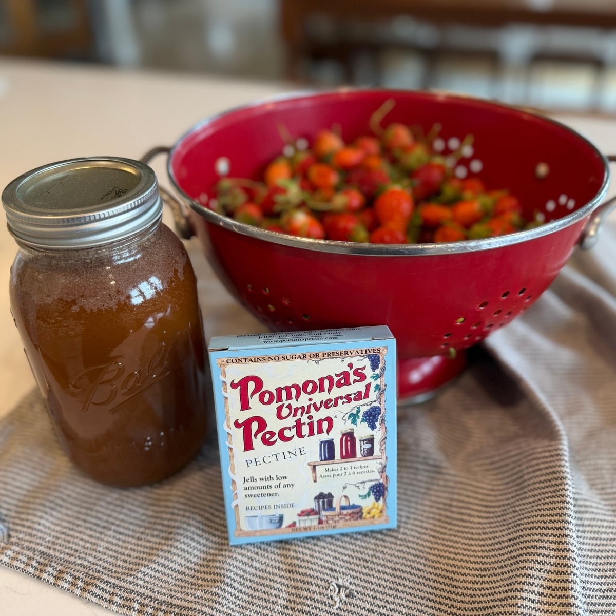straberry jam ingredinets fresh strawberries, honey and a box of pomonas universal pectin
