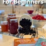 Canning for beginners jars of jams on counter next to bowls of berries and canning cook books