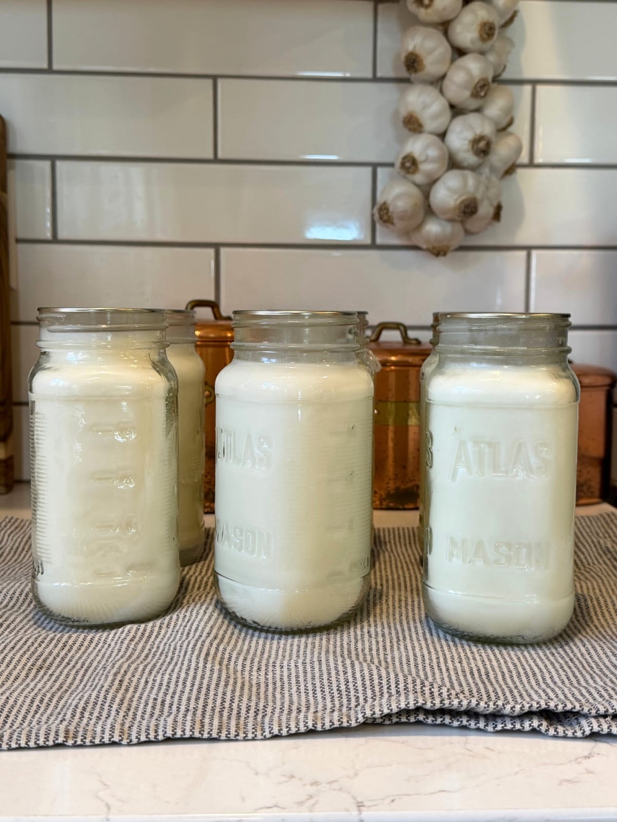 pint and a half atlas mason jars filled with white tallow on counter top