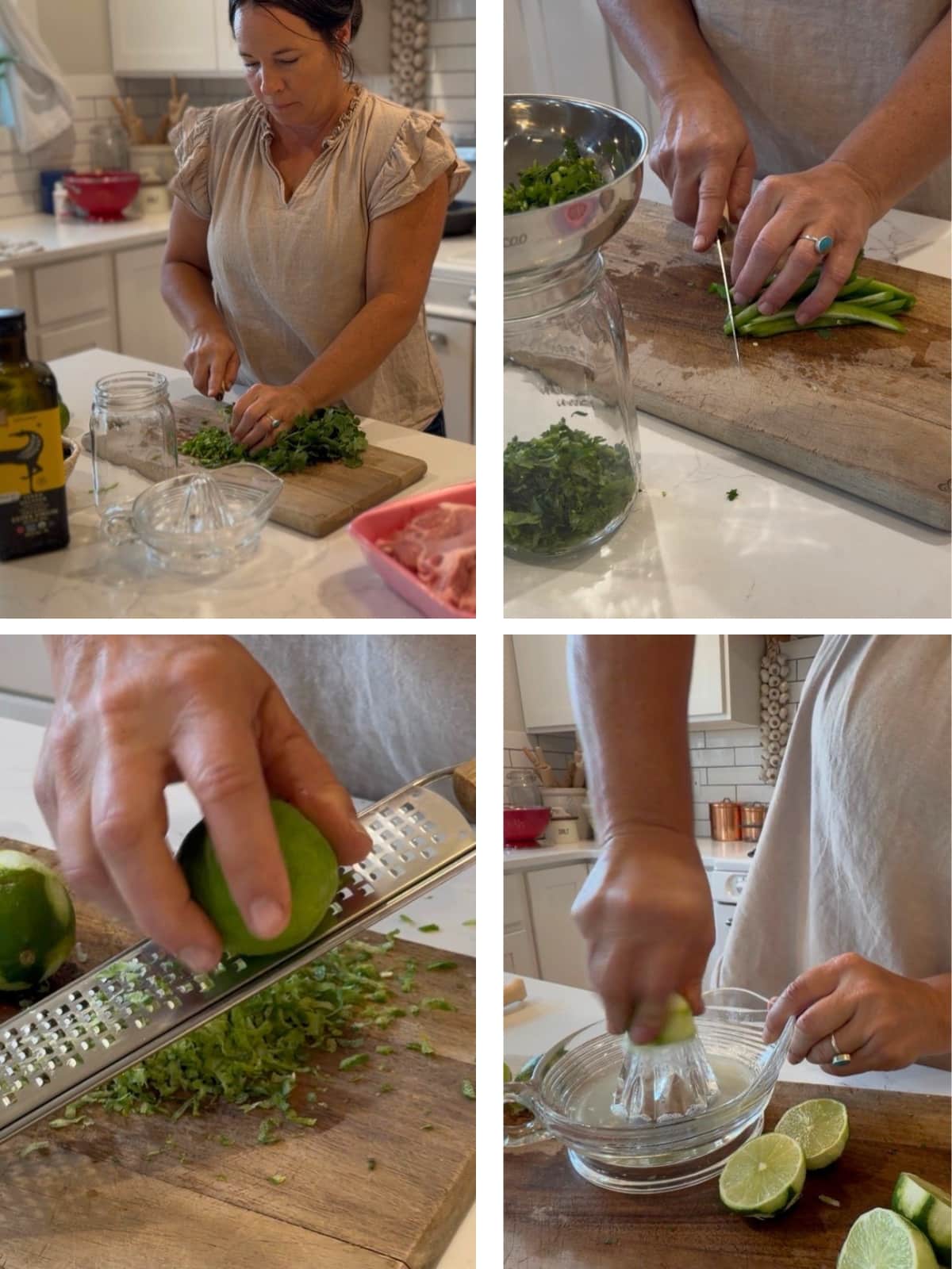 making marinade: chopping cilantro, chopping jalapeno, zesting limes, juicing limes