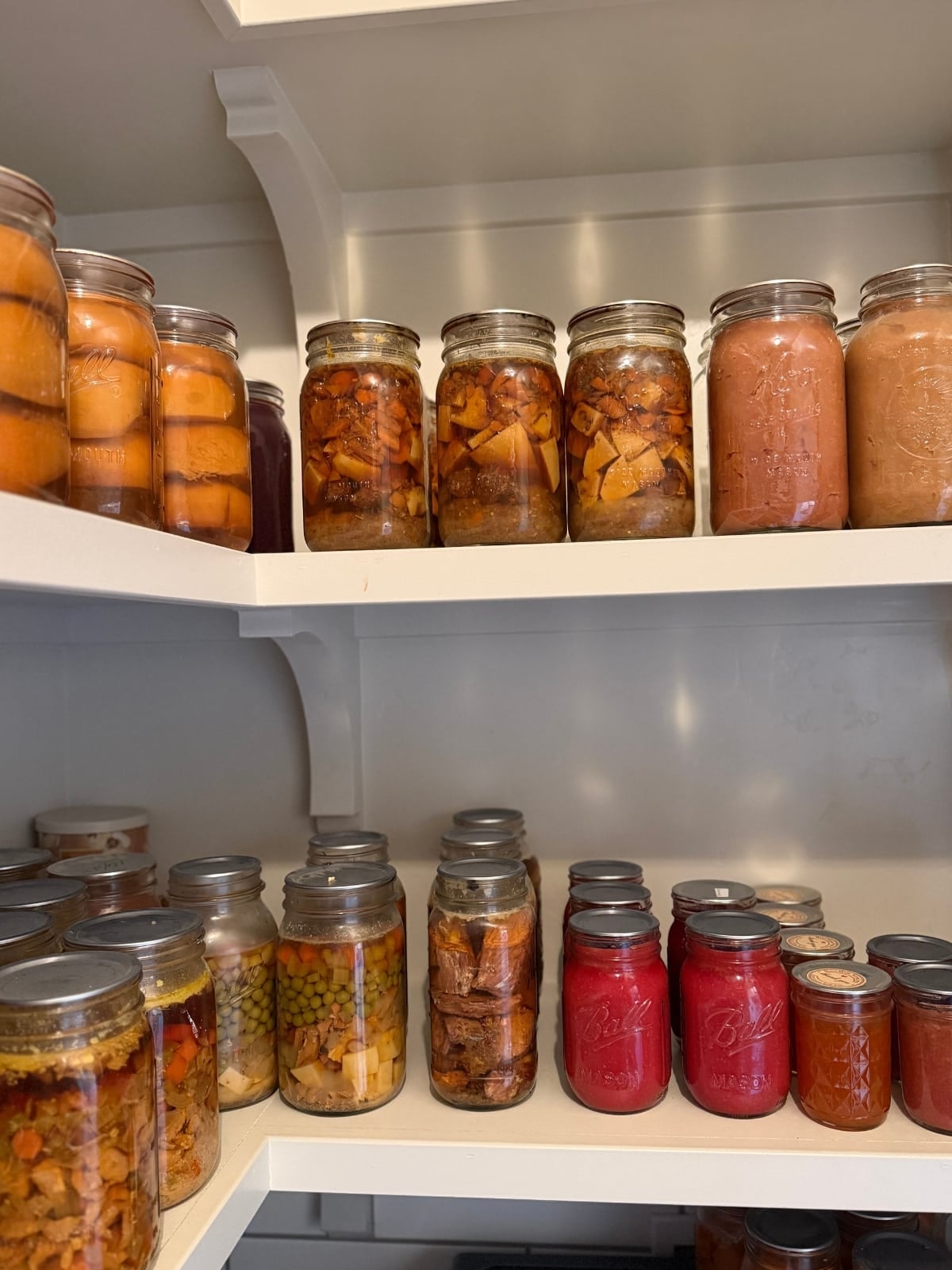 pantry shelves full of canned meals in a jar, jams, salsas and applesauces