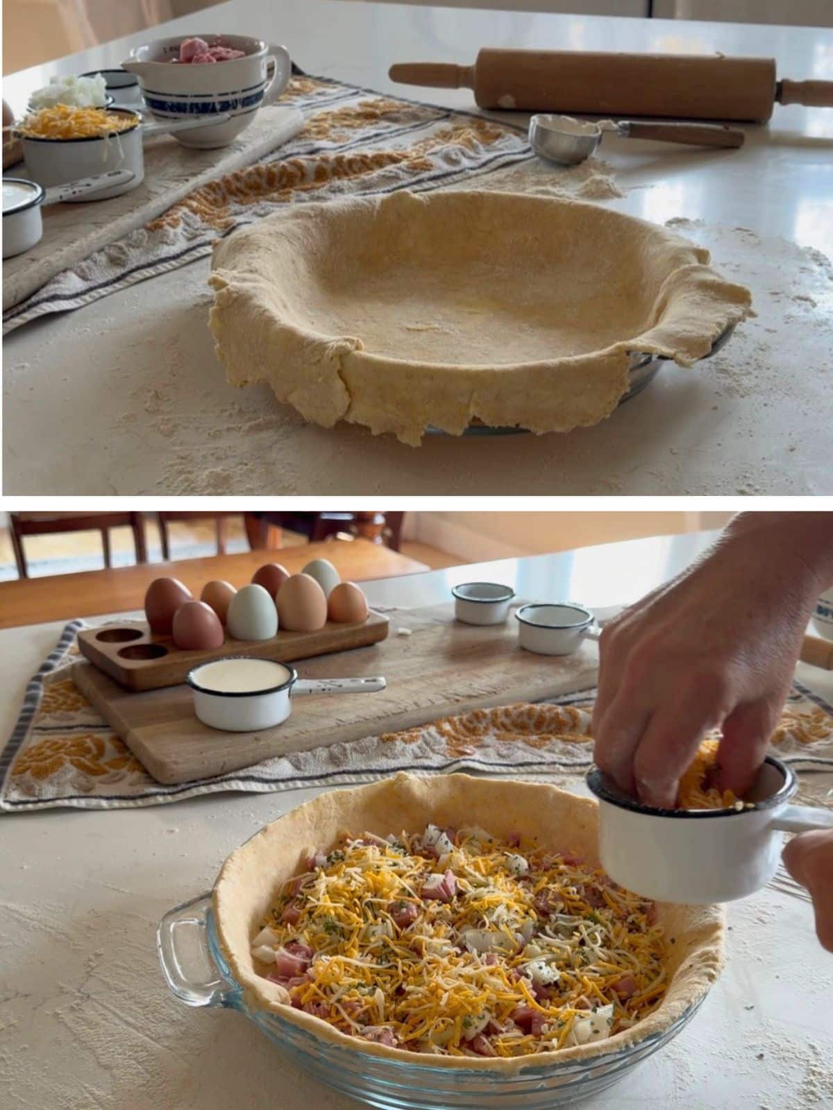 pie crust rolled out and in pie plate and ham, cheese onion and parsley in bottom of pie