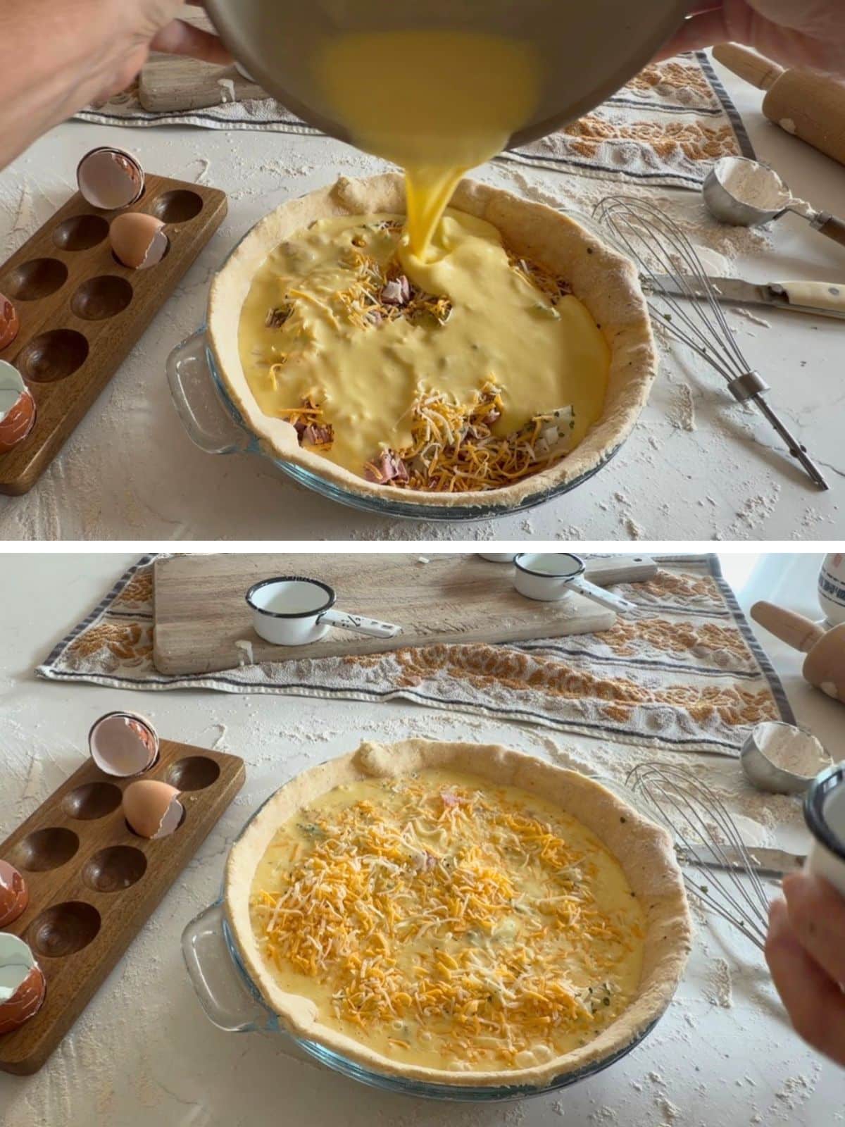 pouring egg mixture over ham and veggies in pie plate and the final pie filled and topped with cheese before baking