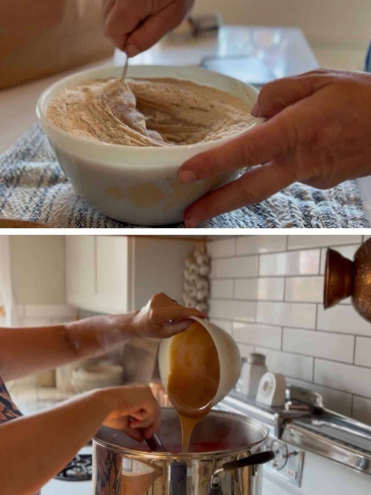 whisking pectin into honey and adding honey pectin into mashed berries with calcium water in pot