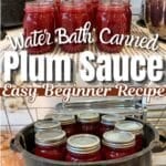 plum sauce canning recipe in jars and in canner with text