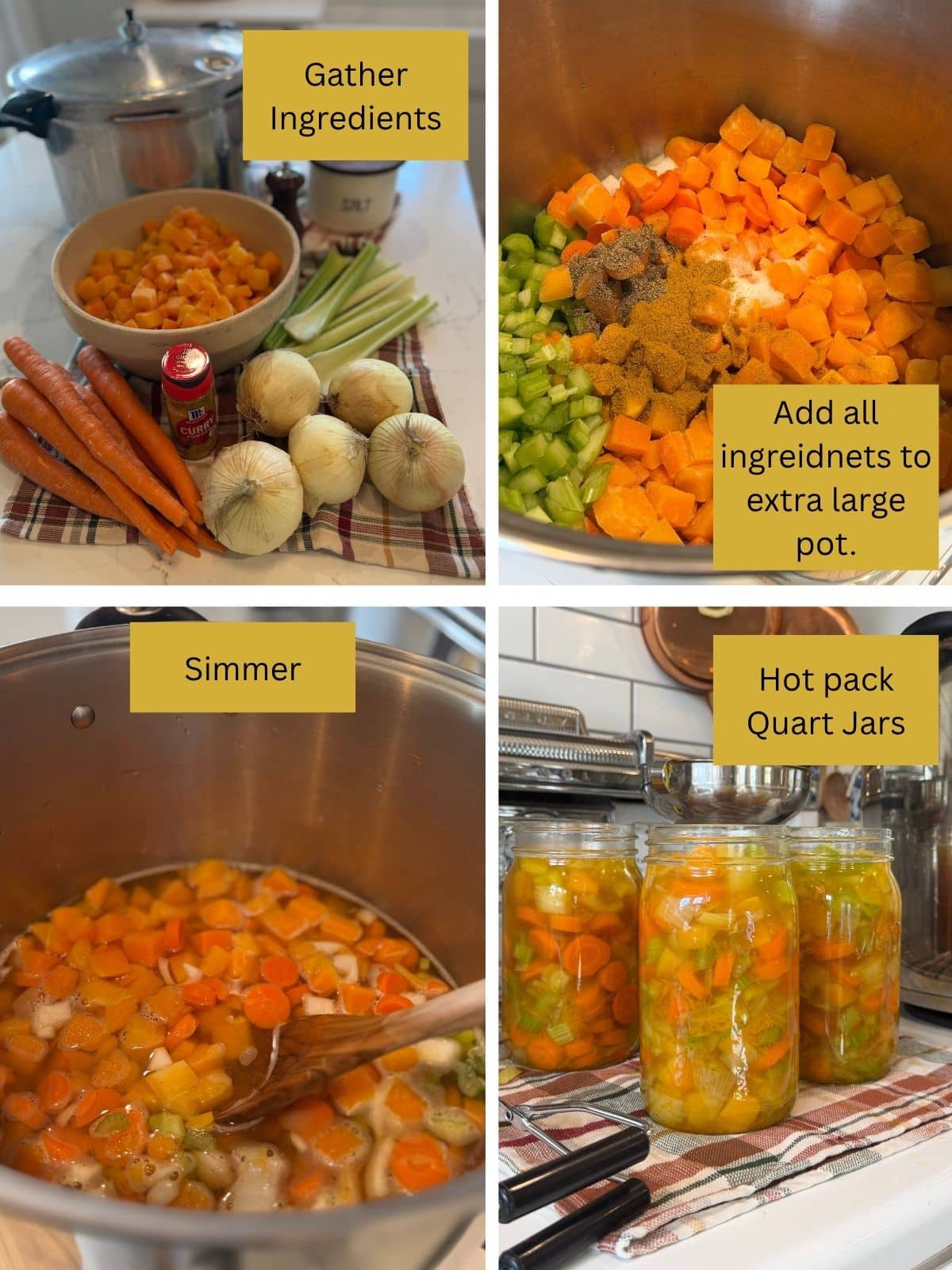 Gather Ingredients, add ingredients to stock pot, simmer, hot pack jars