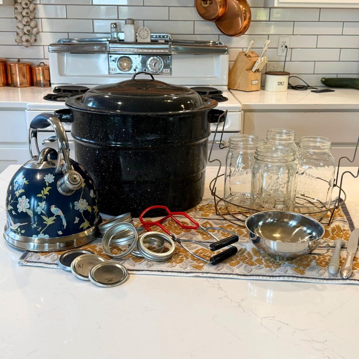 canning equiptment: water bath canner, canning rack, jars, lids abd rings, hot kettle, funnel, jar lifter and utensils
