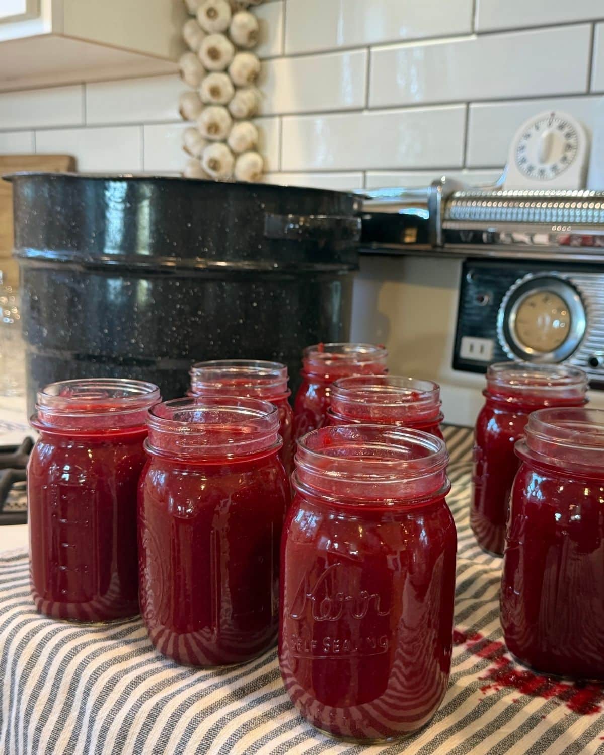 plum sauce in pint sized jars ready to be canned