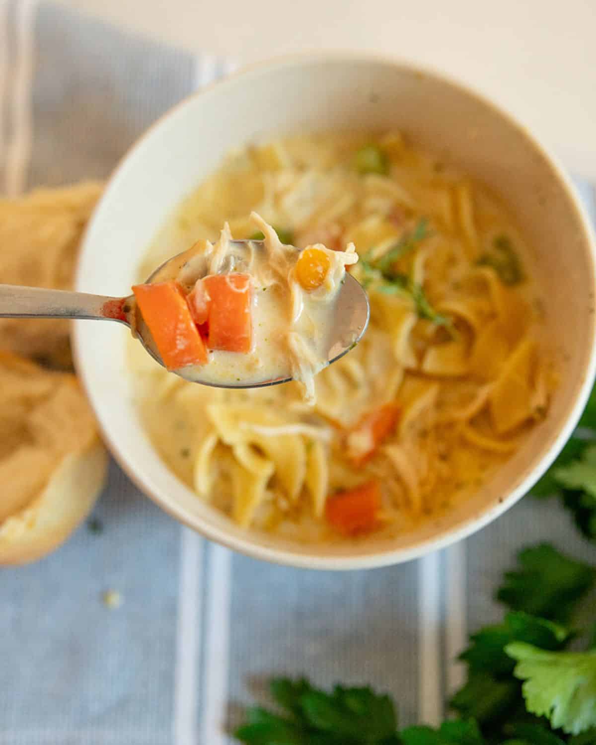 A bowl of creamy chicken noodle soup with carrots, tender chicken, fresh herbs, and a homemade roll to illustrate depression era kitchen habits for making budget-friendly meals from scratch
