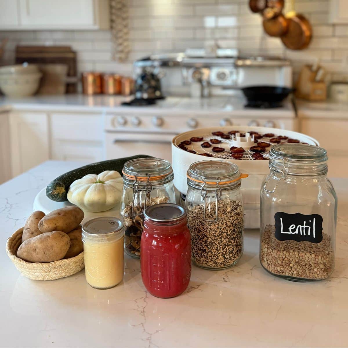 A kitchen counter featuring a dehydrator with dried plums, fresh garden squashes, a jar of homemade jam, a jar of tallow, and glass jars of lentils, dried mushrooms, and quinoa to illustrate traditional depression era kitchen habits that save money.